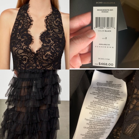 BCBG MAXAZRIA Ruffle Black Lace Tulle Evening Gown - Picture 7 of 8